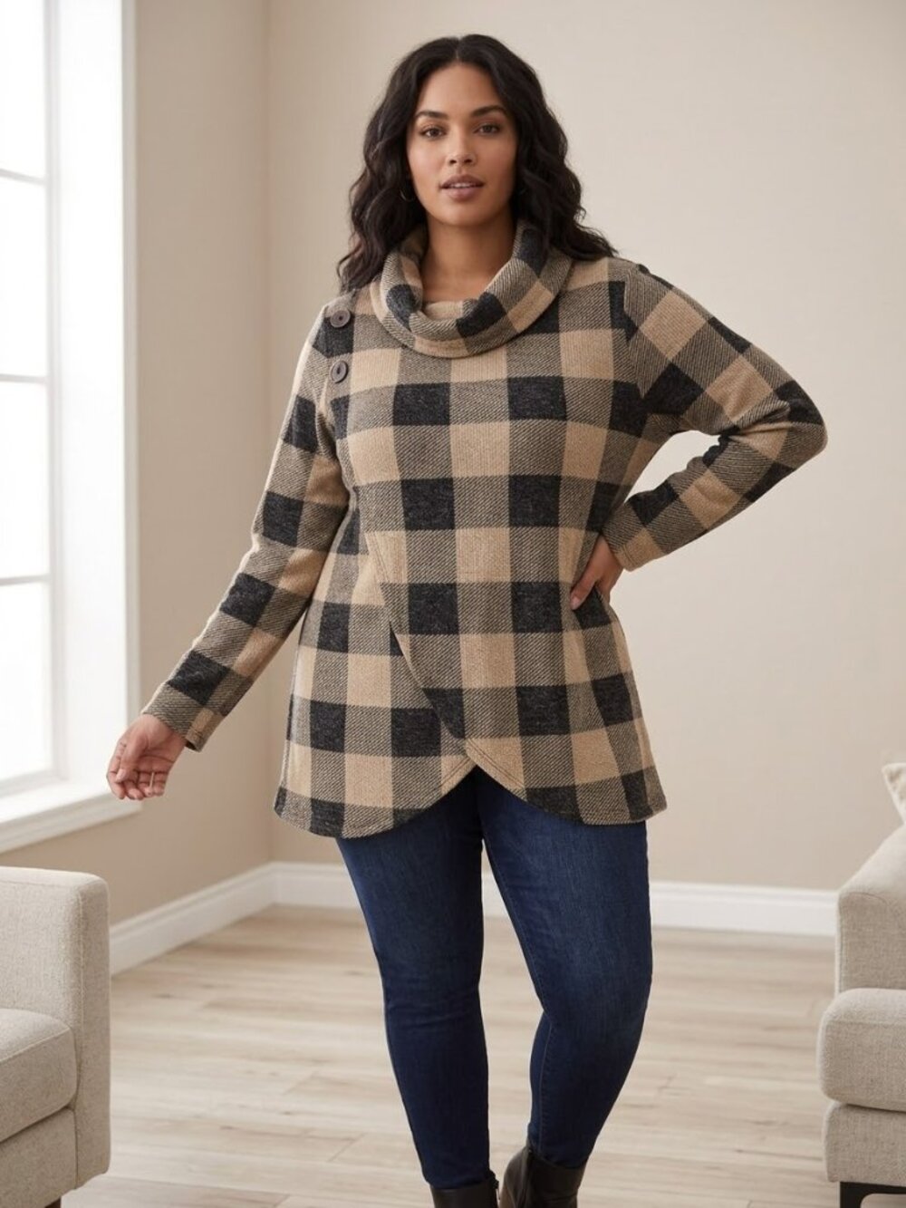 Eclipse Womans Large scale Buffalo Check Cowl neck Sweater